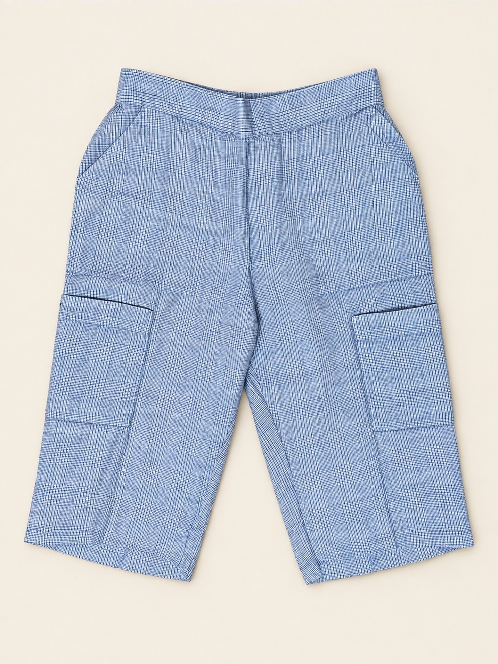 Flax 100% Linen Light Blue Plaid Cargo Shorts